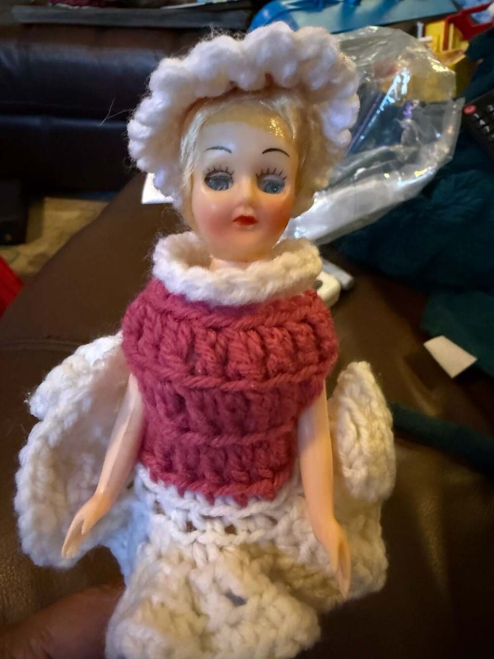 Vintage Hard Plastic Doll in Handmade Crocheted Dress and Hat
